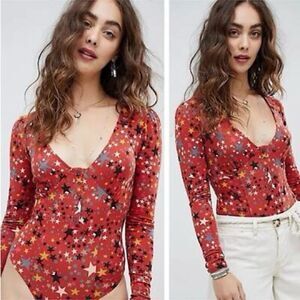 Free People Girls Like Us Star Cotton Bodysuit Rust Red